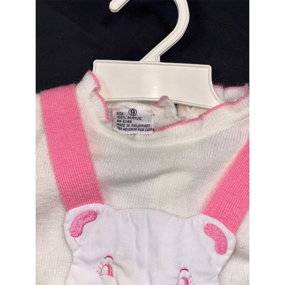 Vintage 1970s Baby Knit Outfit Girl Pink Bunny Suspender Pants Set Size 6-9M NOS